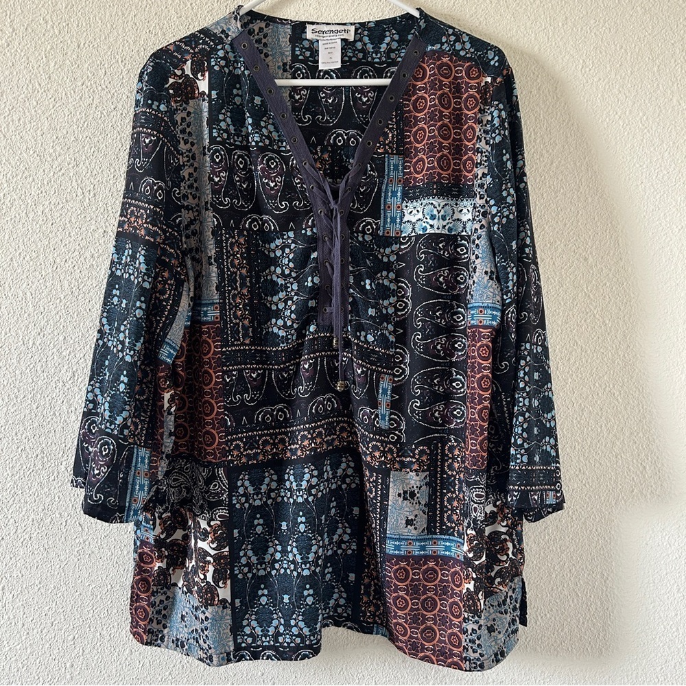 Serengeti Women’s Blouse XL Paisley Patch Print Boho Western Cottage core
